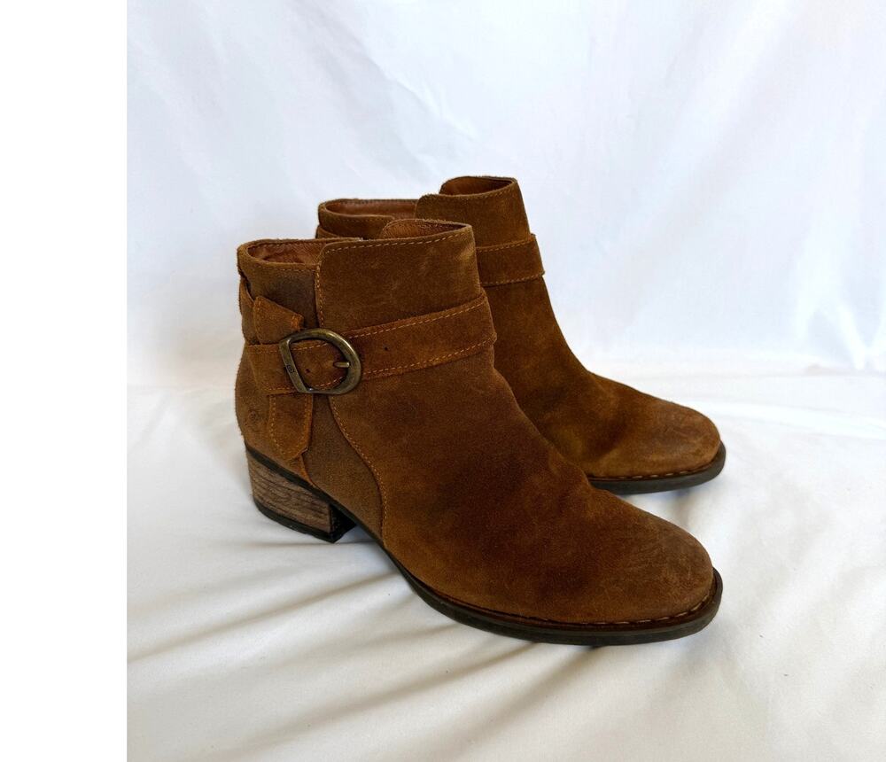 BORN Morocco Buckle Ankle Bootie, US 9, Brown Distressed Rustic Suede Leather